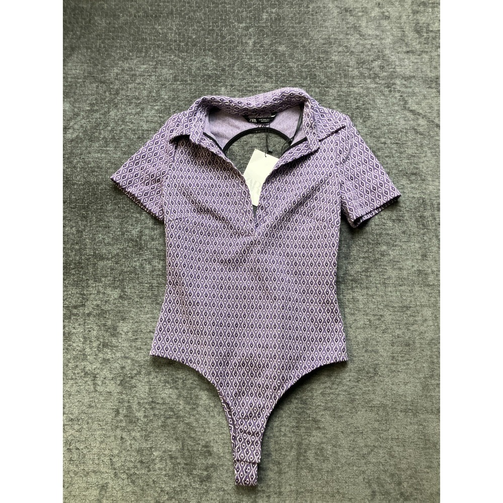 Zara Bodysuit Womens Medium Lilac Patterned Retro Classic Collared Open Back